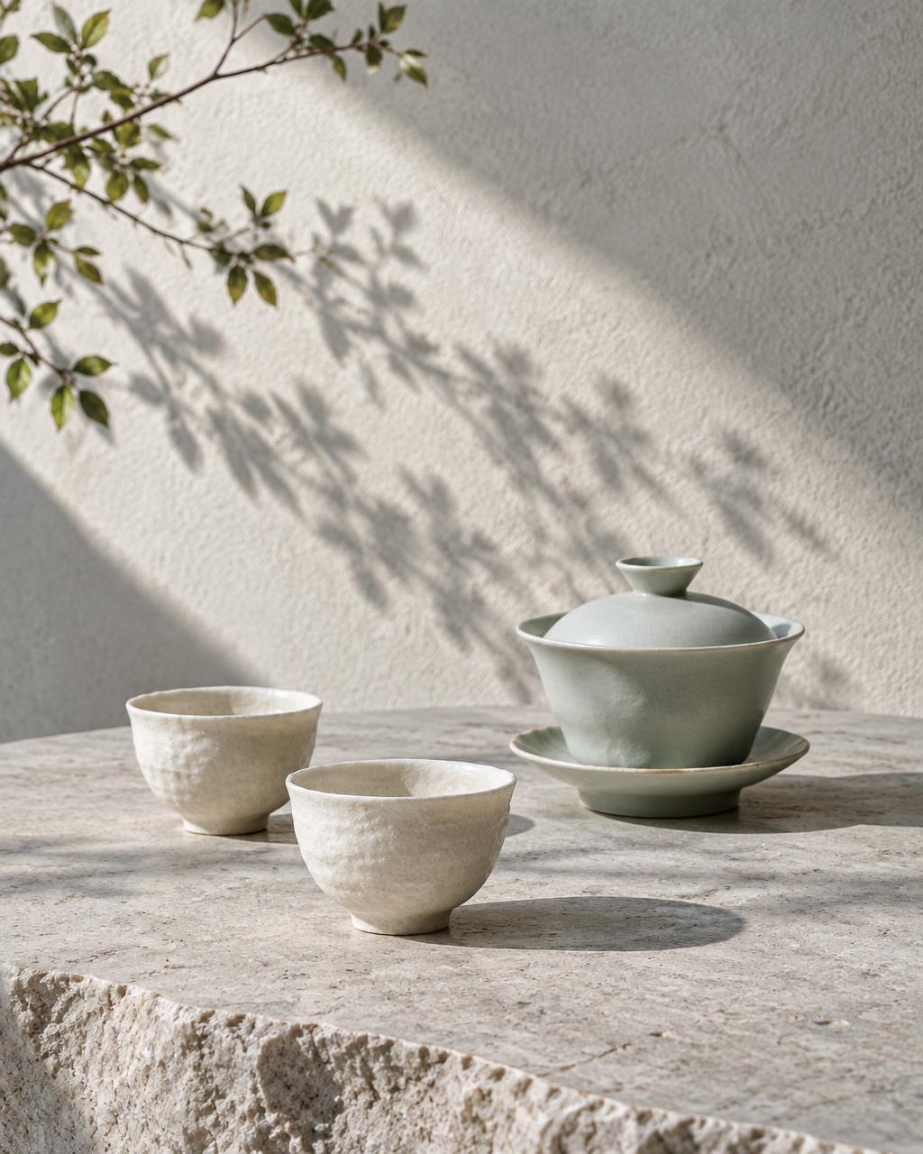 Pale ceramic cups and a lidded vessel on a stone table in soft branch shadows.