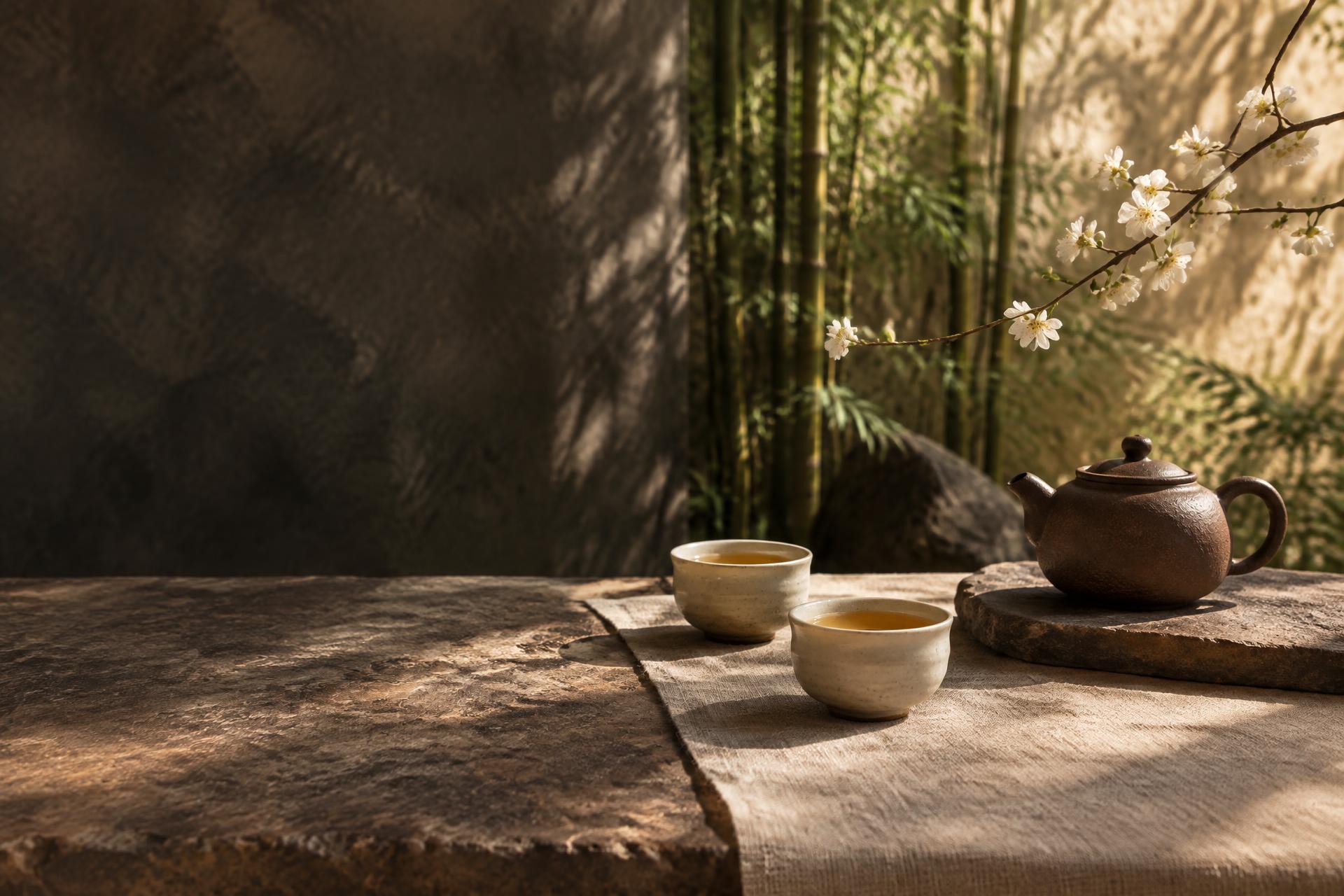 A brown teapot and two pale cups on a sunlit tea table beside flowering branches.